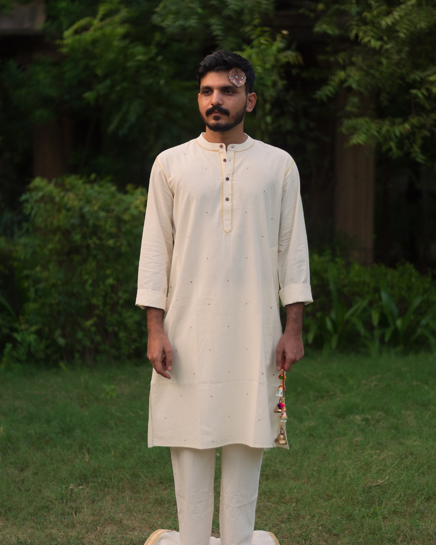 chand kurta in mustered yellow thread work