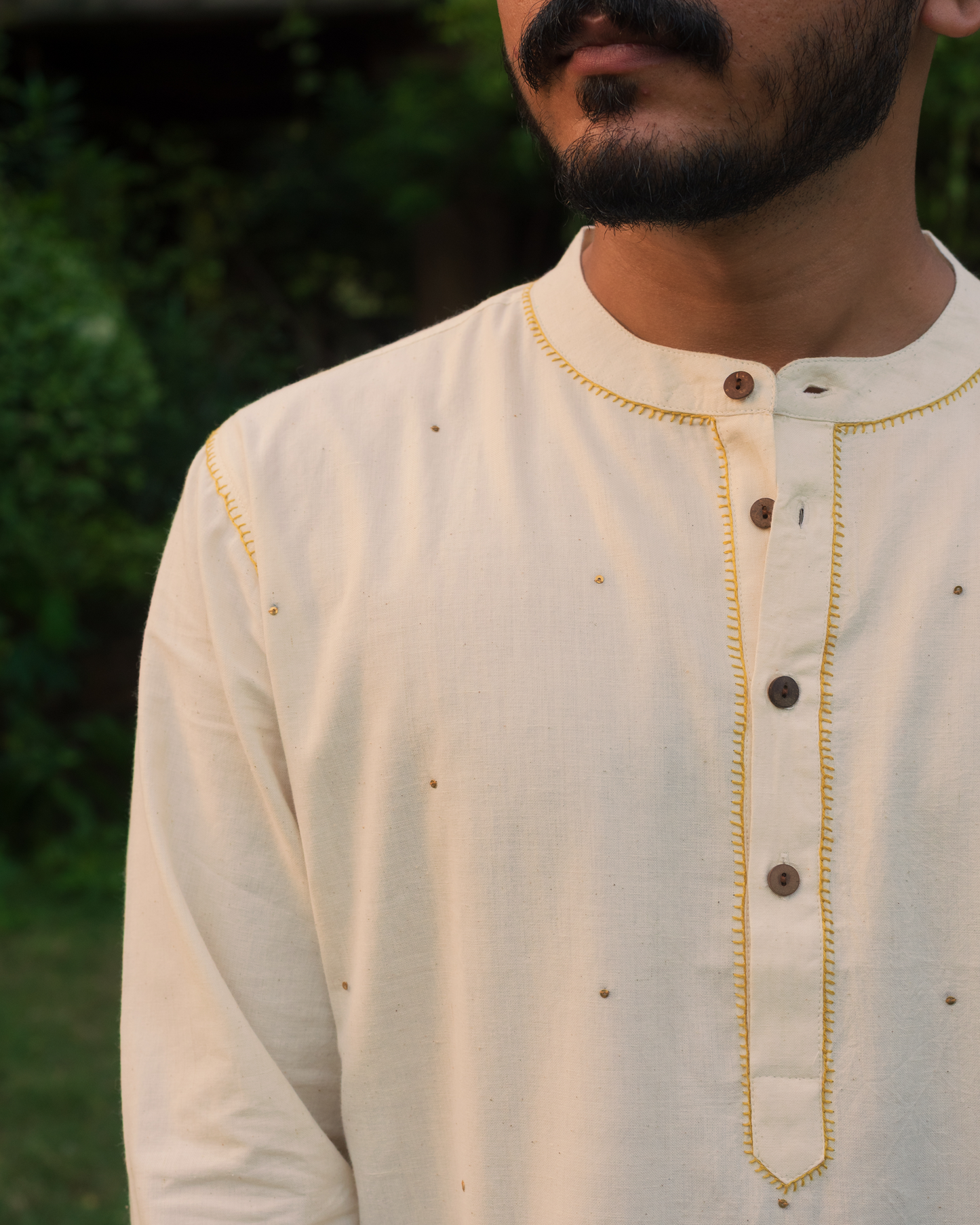 chand kurta in mustered yellow thread work